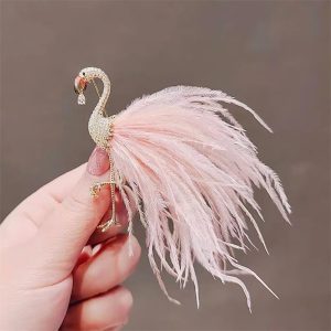Trâm Cài Áo Hồng Hạc Lông Vũ Hồng Đính Đá Cao Cấp
